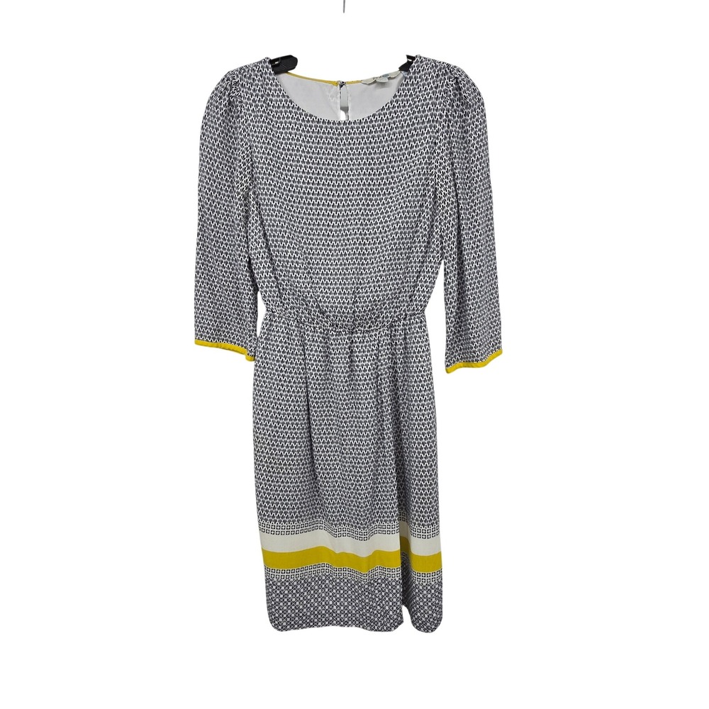 Boden Geometric Print Dress Womens 2R Blue Yellow 3/4 Sleeve Elastic Waist Lined
